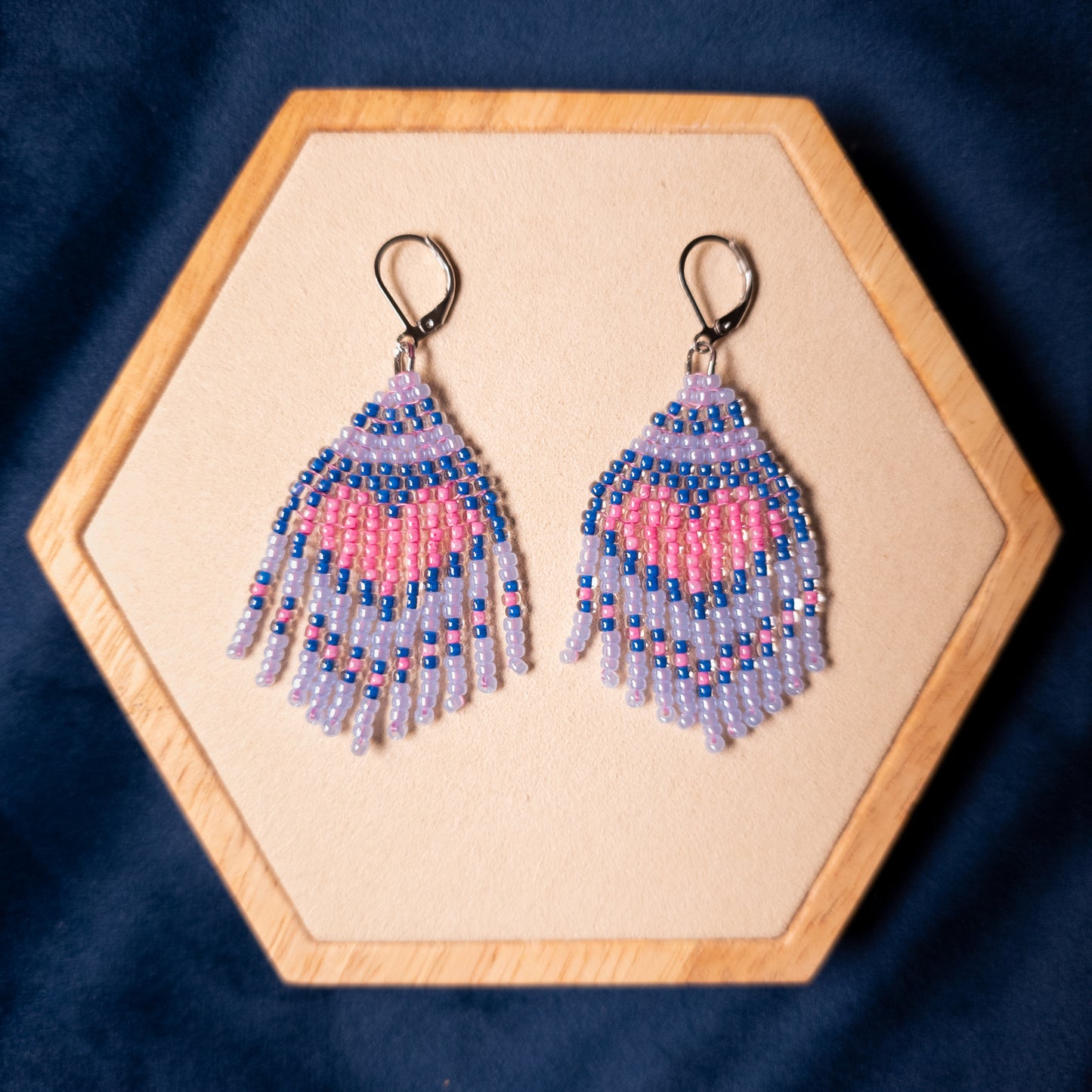 Fringe earrings with pink heart in ice blue