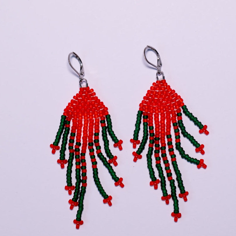 Fringe oorbellen in rood en donkergroen