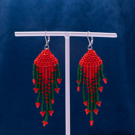 Fringe oorbellen in rood en donkergroen