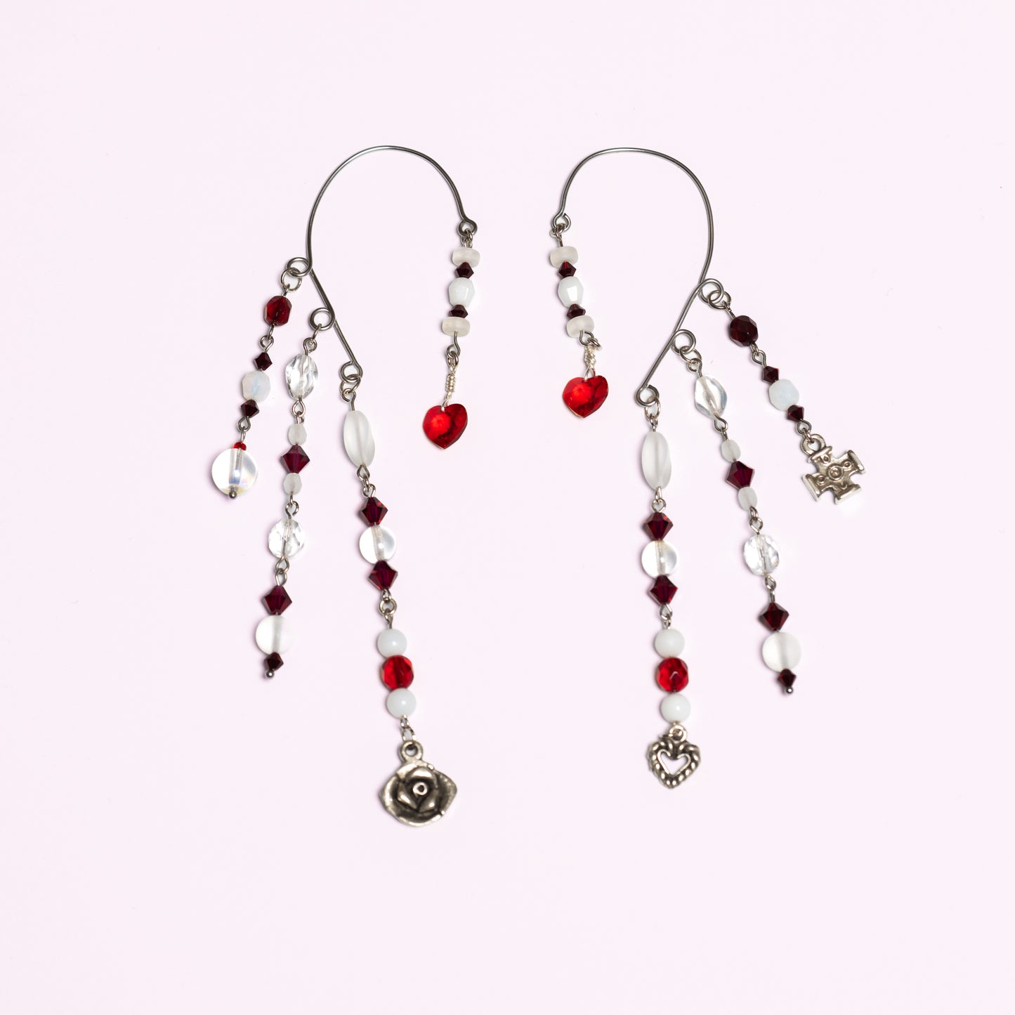 Rose Garden Ear Cuffs with Rose, Hearts and Red Swarovski Crystals