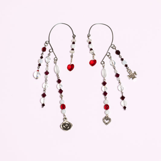 Rose Garden Ear Cuffs with Rose, Hearts and Red Swarovski Crystals