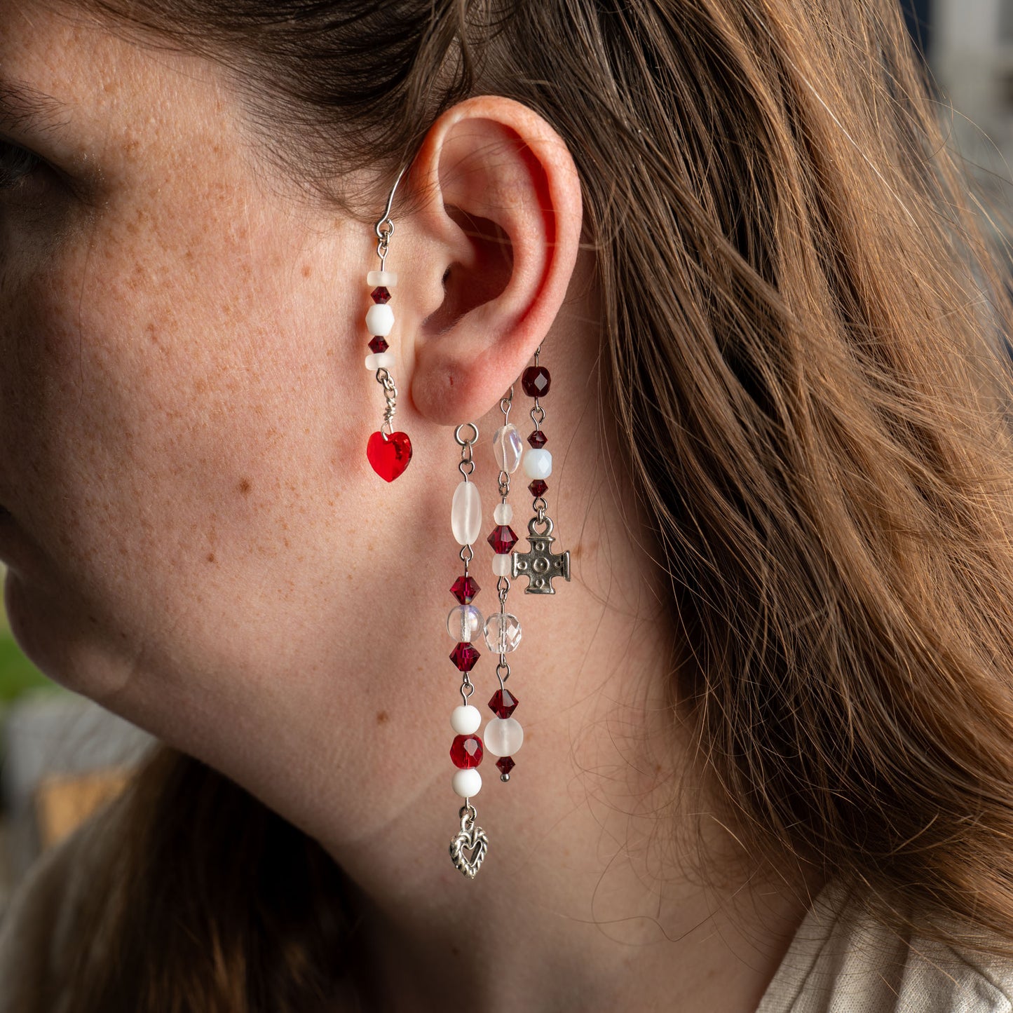 Rose Garden Ear Cuffs with Rose, Hearts and Red Swarovski Crystals