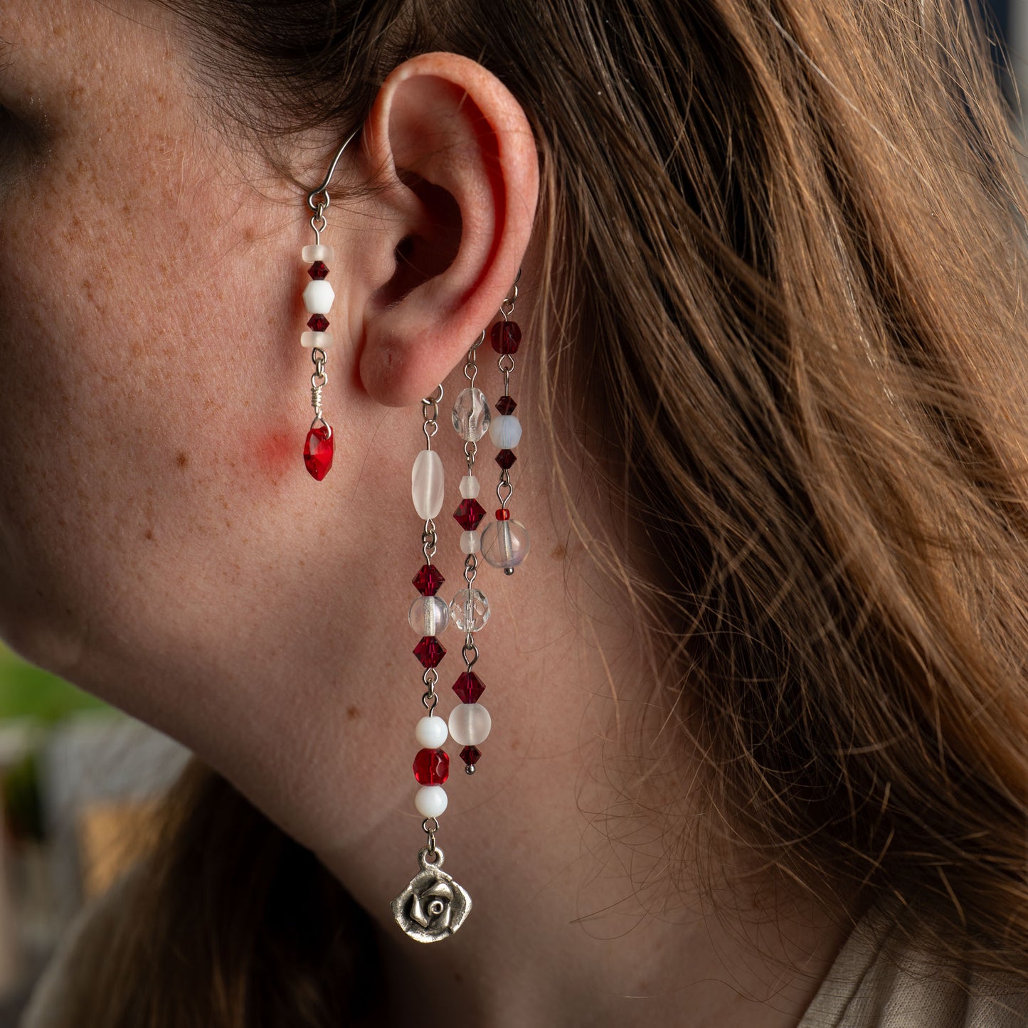 Rose Garden Ear Cuffs with Rose, Hearts and Red Swarovski Crystals