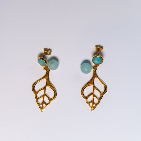 Sunlit Shell oorbellen met matte turquoise kralen en opengewerkte goudkleurige schelphangers op een witte achtergrond.