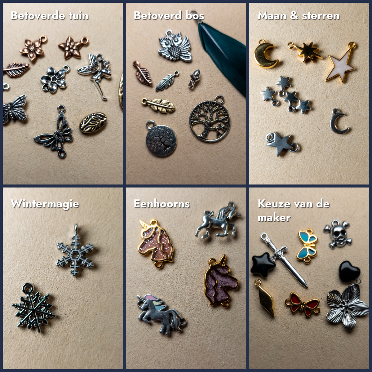 Voorbeeld van de thema’s voor Mystery Custom Ear Cuffs: Betoverde tuin, Betoverd bos, Maan & sterren, Wintermagie, Eenhoorns en Keuze van de maker.