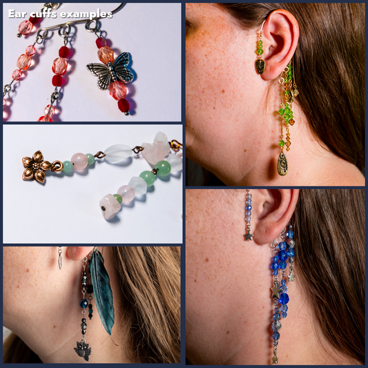 Voorbeelden van ear cuffs als voorbeelden voor de mystery custom. Mini Suikerfee, jasmijn, nachtuil, botanische tuin en vallende sterren.